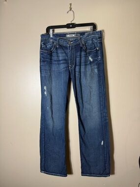 BKE Tyson Jeans Mens 34x32 Bootcut Y2K Distressed Buckle Denim Fade